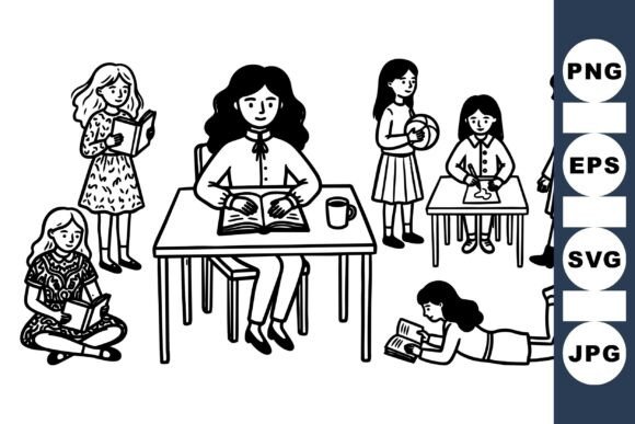 School Girls Reading SVG Clipart for Crafts and Graphics