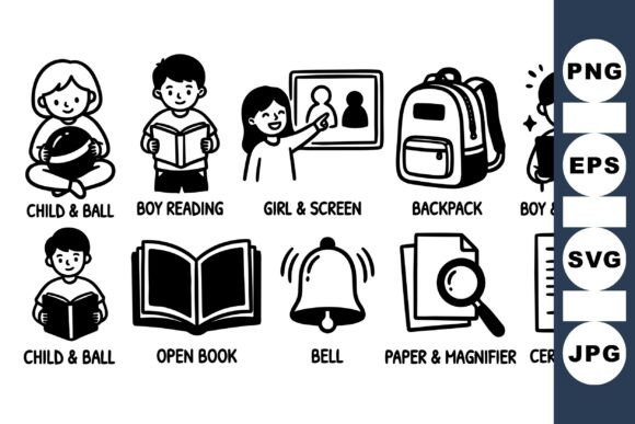 School Kids Learning Icon Set: Graphics for Crafts and Branding