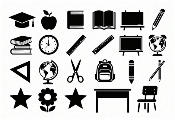 School Supplies Icons Black and White